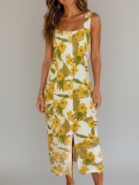 ​L*SPACE Mykonos Floral Linen Blend Button Front Midi Dress - Size M | Yellow &